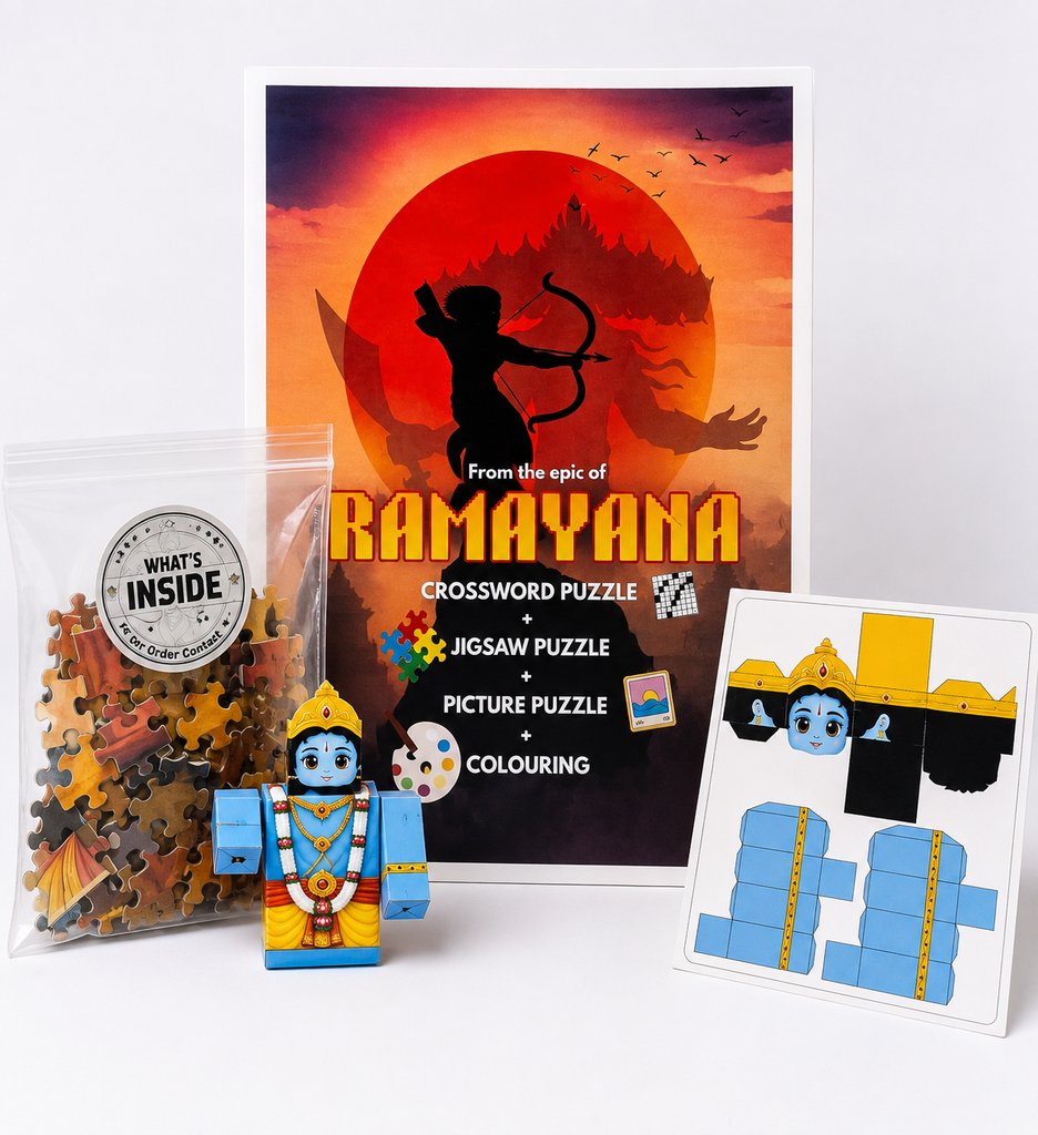 Ramayana 5-in-1 Educational Activity Kit for Kids | Jigsaw Puzzle | Crossword | Colouring Book | Picture Puzzle | DIY Paper Toy